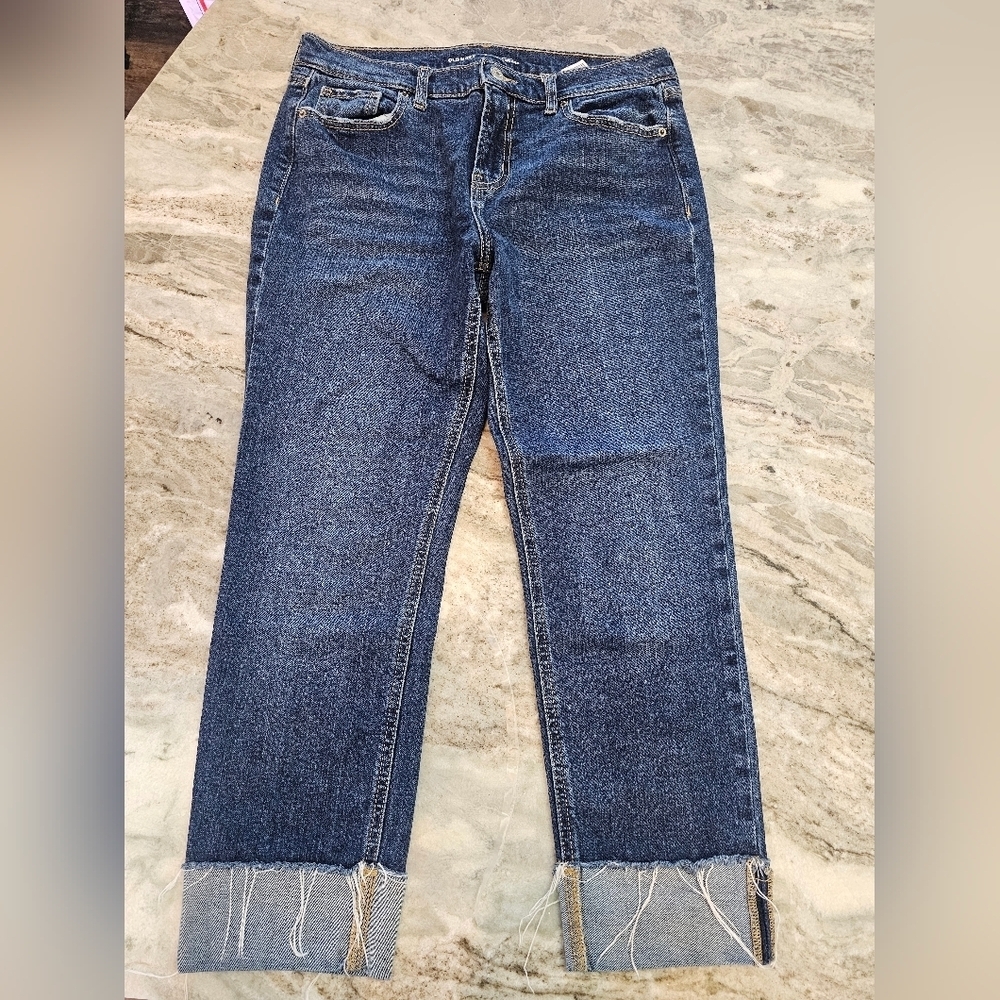 Old Navy Mid-Rise Boyfriend Jeans Women’s 6 Blue Raw Hem Cuffed Denim Relaxed Fi